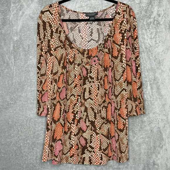 Cable & Gauge 1X Shirt Top Brown Snake Print 3/4 Sleeve Scoop Neck Stretch Women - Picture 1 of 6